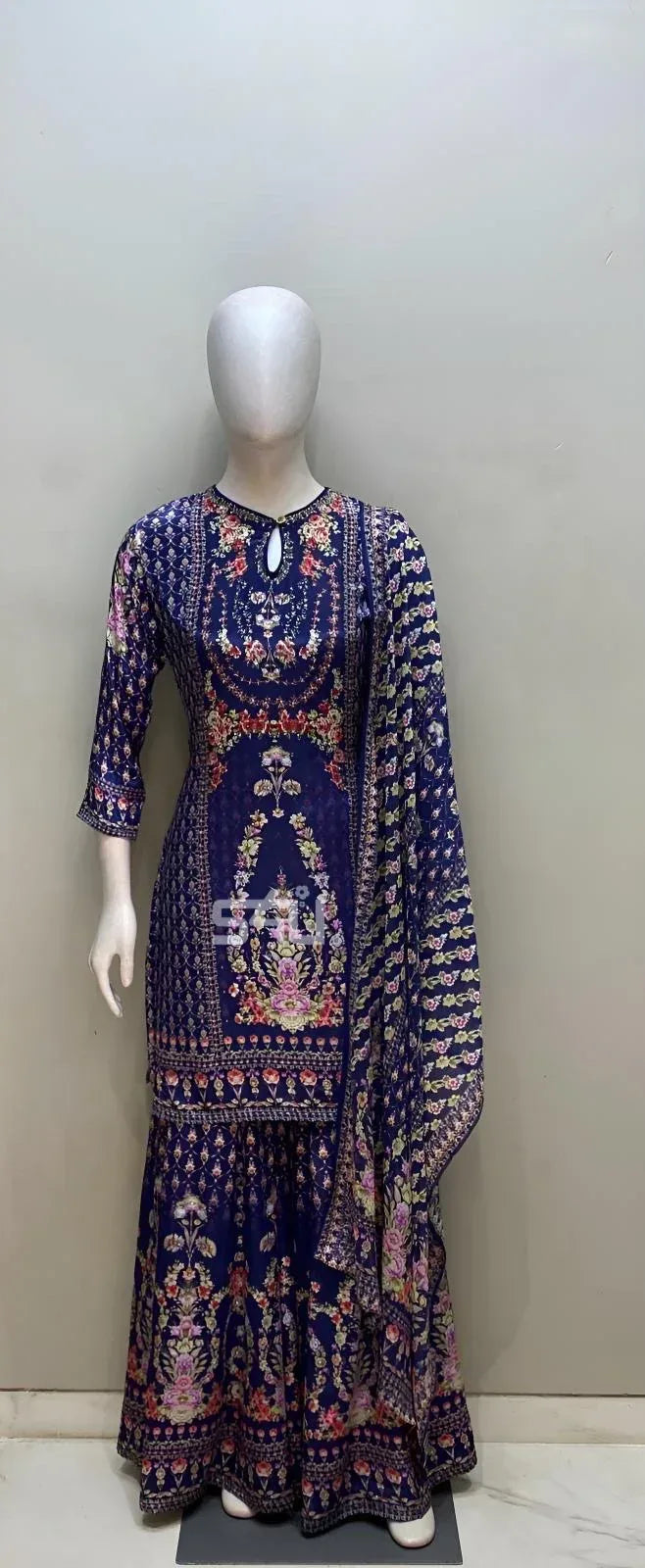 Midnight Floral Printed Kurta Sharara Ensemble - MishUUU