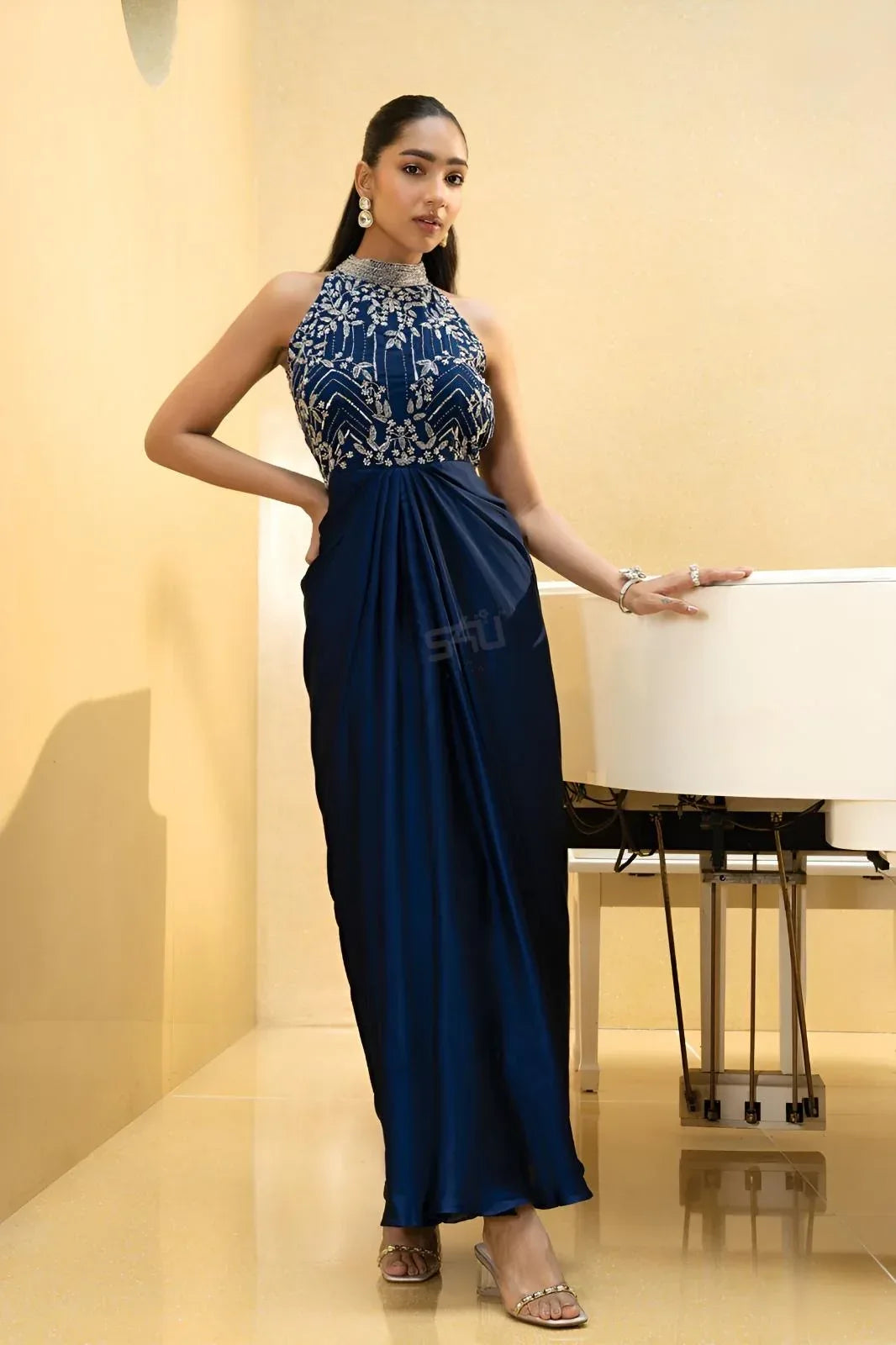 Midnight Blue Embellished Draped gown Ensemble - MishUUU