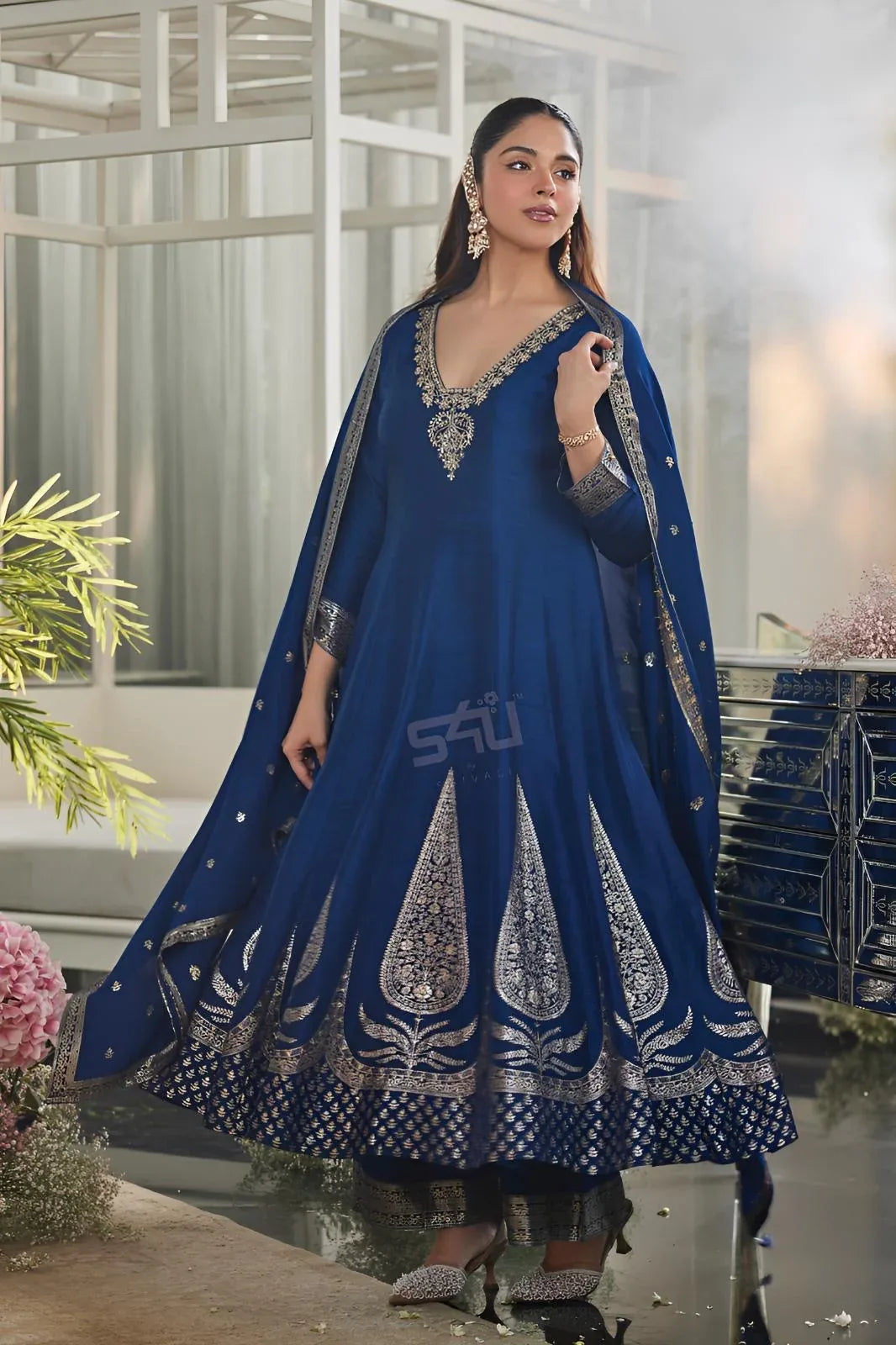 Royal Blue Zari Embroidered Anarkali Ensemble - MishUUU
