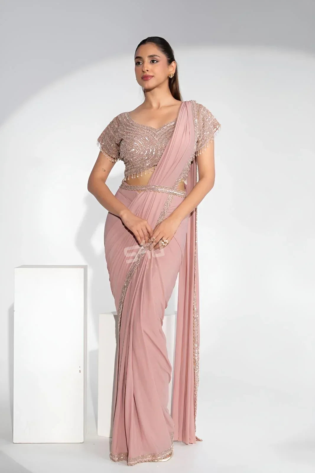 Blush Sequin Embellished Draped Saree Ensemble - MishUUU