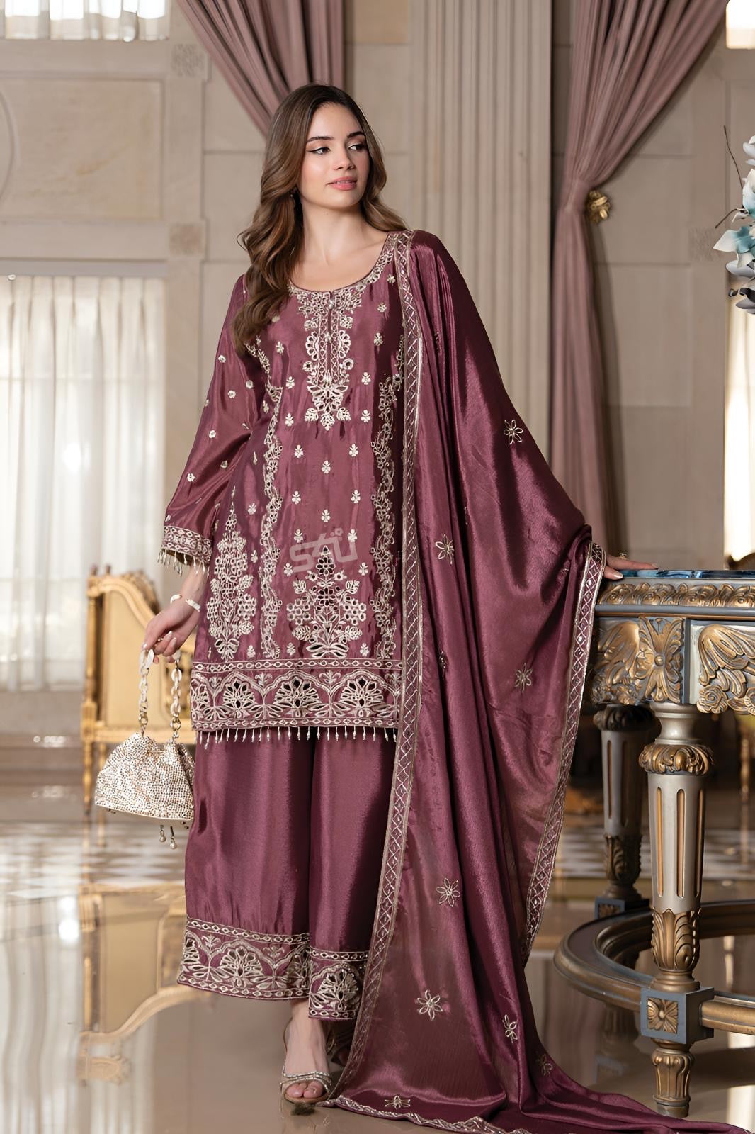 Plum Wine Embroidered Kurta Palazzo Set