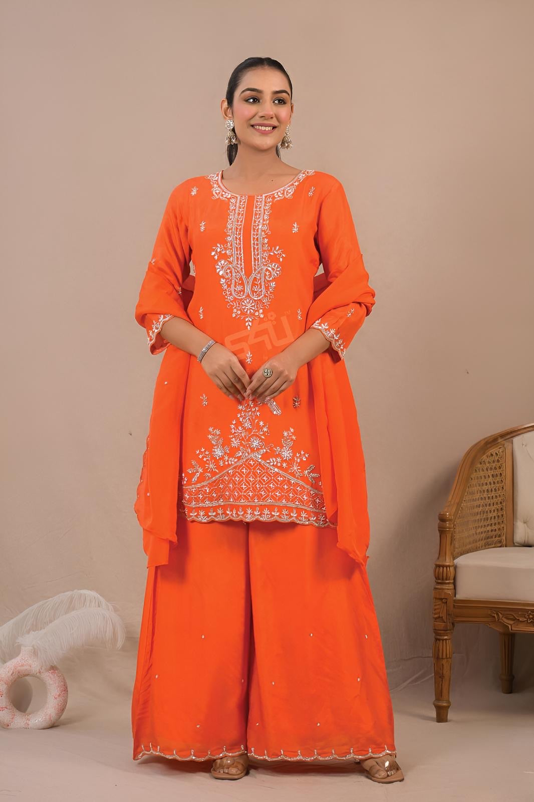 Tangerine Ivory Embroidered Kurta Palazzo Set