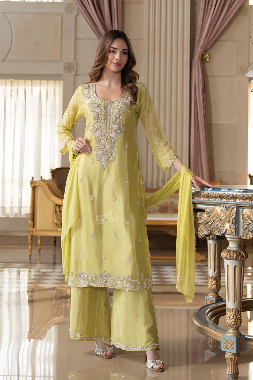 Lime Blossom Embroidered Kurta Palazzo Set