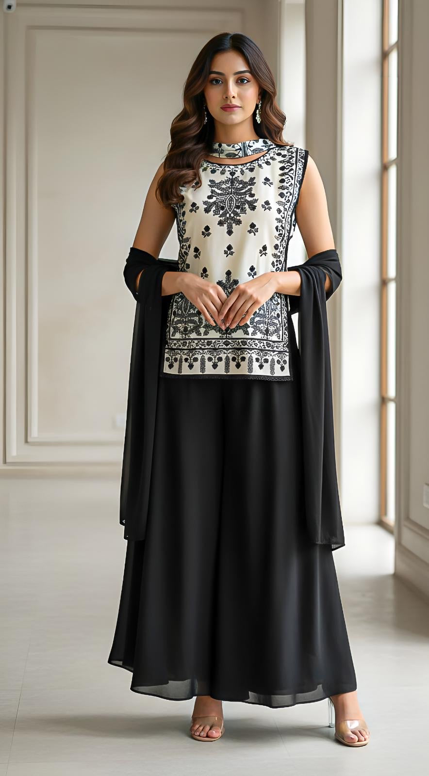 Ivory Noir Embroidered Kurta Palazzo Set