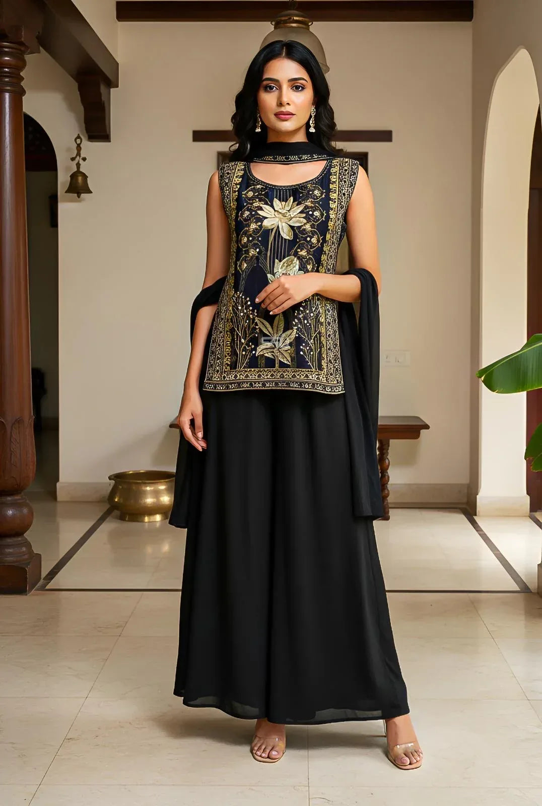 Black Gold Botanical Embroidered Kurta Palazzo Set - MishUUU