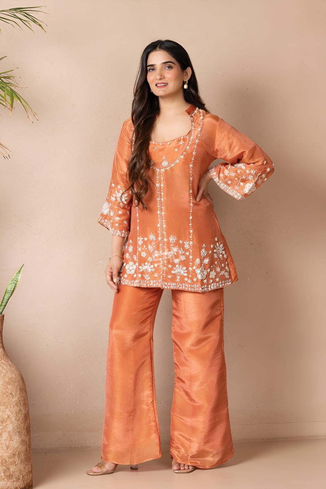 Warm Orange Floral Embroidered Kurta Set