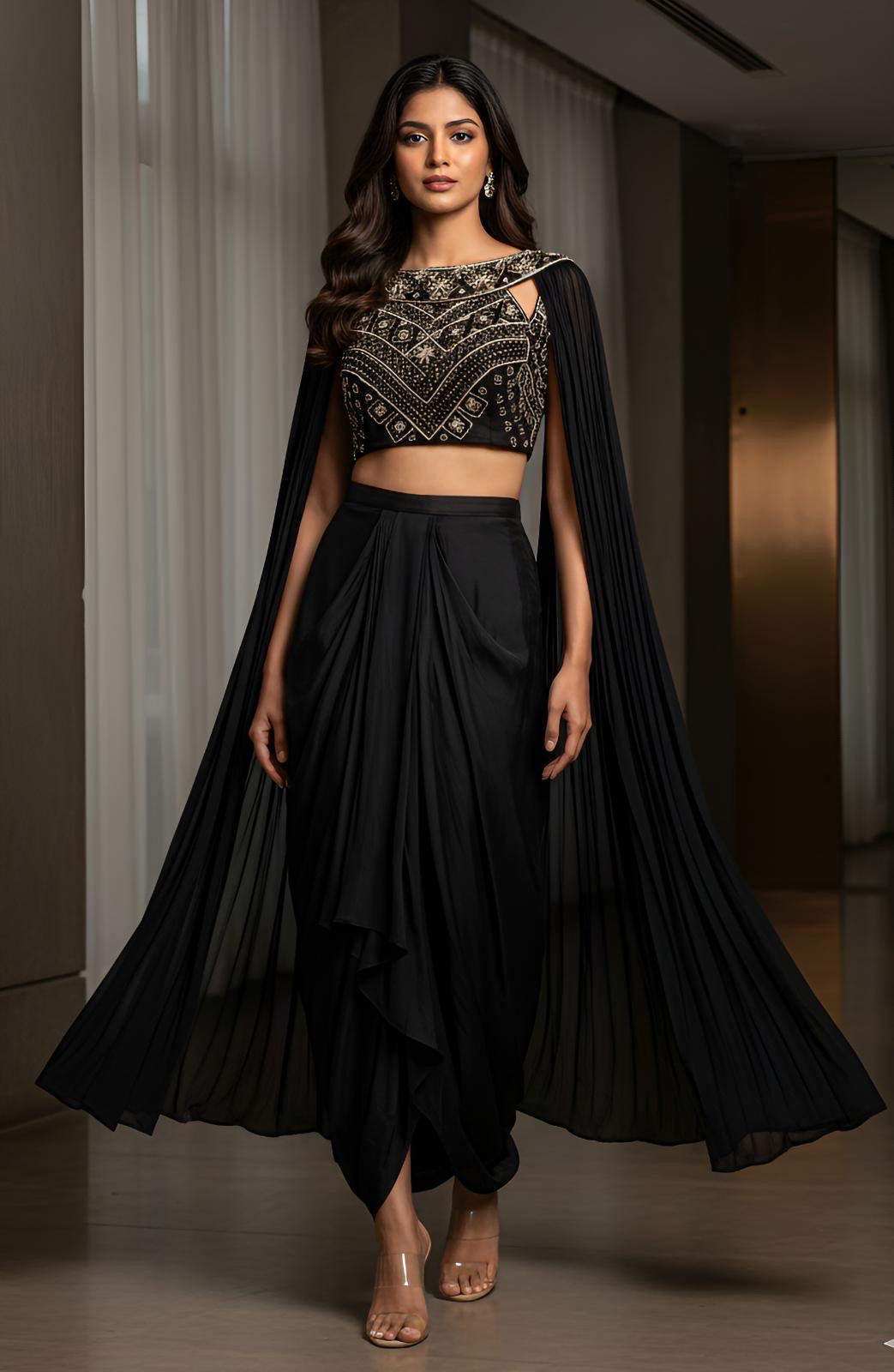 Black Gold Embroidered Draped Skirt Set