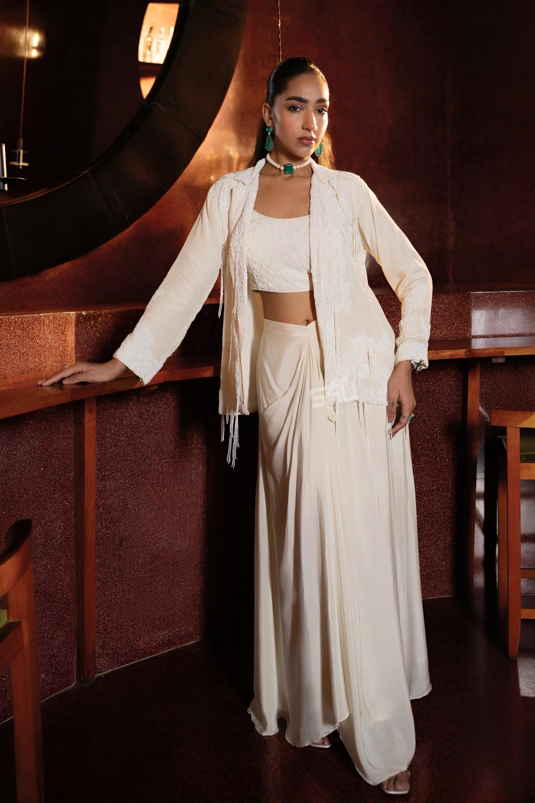 Ivory Embroidered Jacket Draped Skirt Set