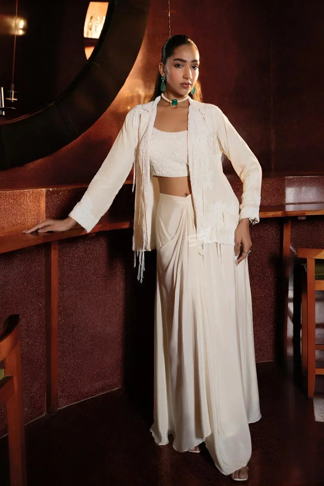 Ivory Embroidered Jacket Draped Skirt Set - MishUUU