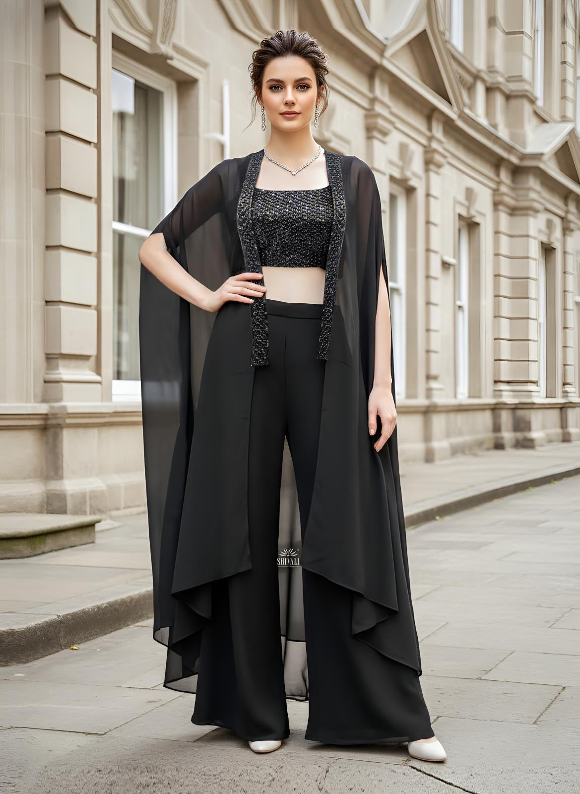 Black Sequin Cape Palazzo Couture Ensemble