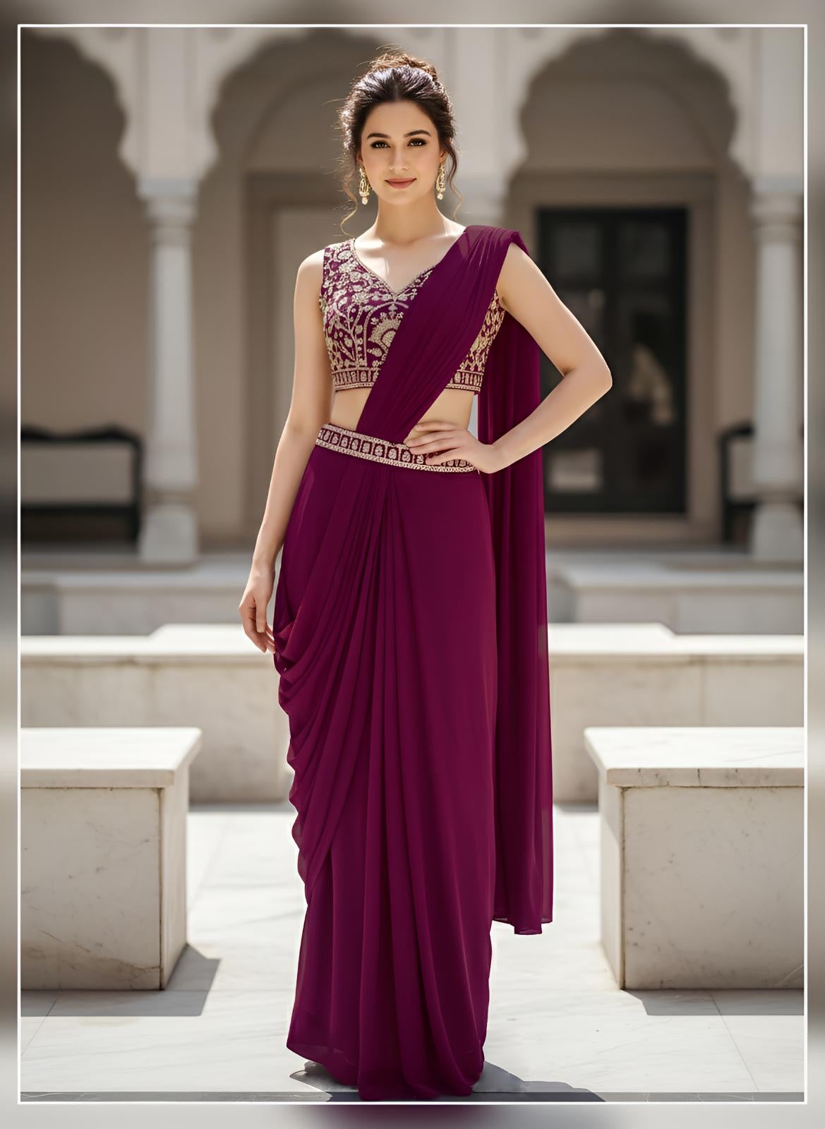 Wine Gold Embroidered Draped Saree Ensemble