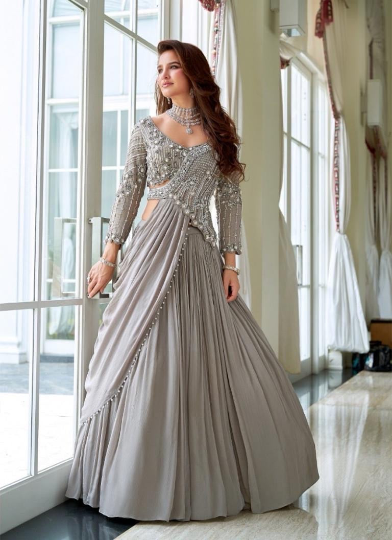Dove Grey Pearl Embroidered Draped Lehenga Ensemble