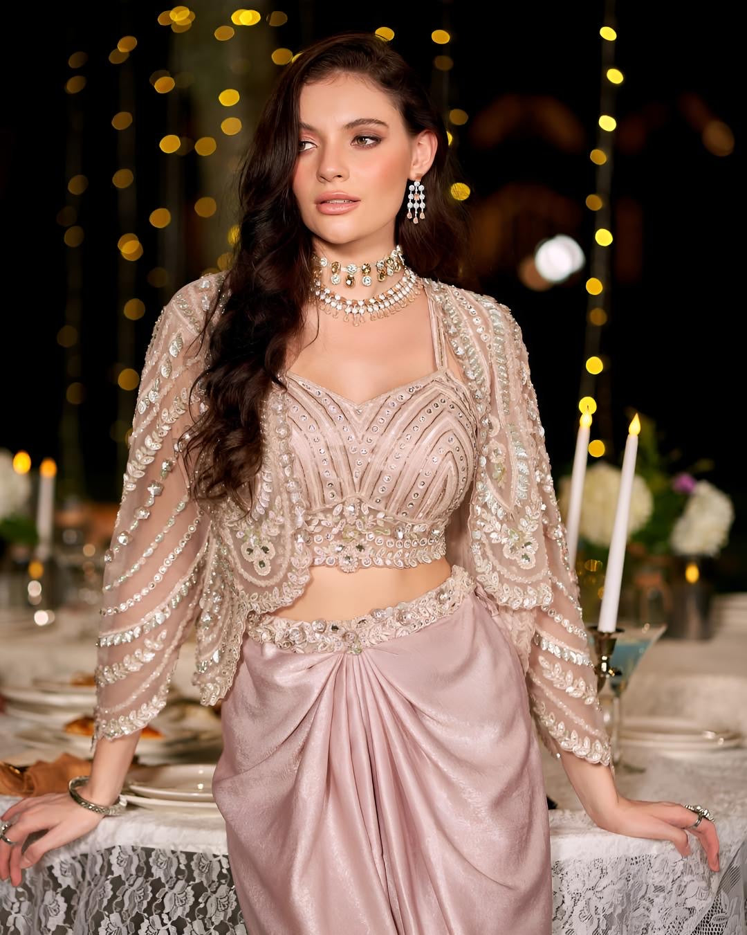 Blush Champagne Embellished Draped Saree Ensemble
