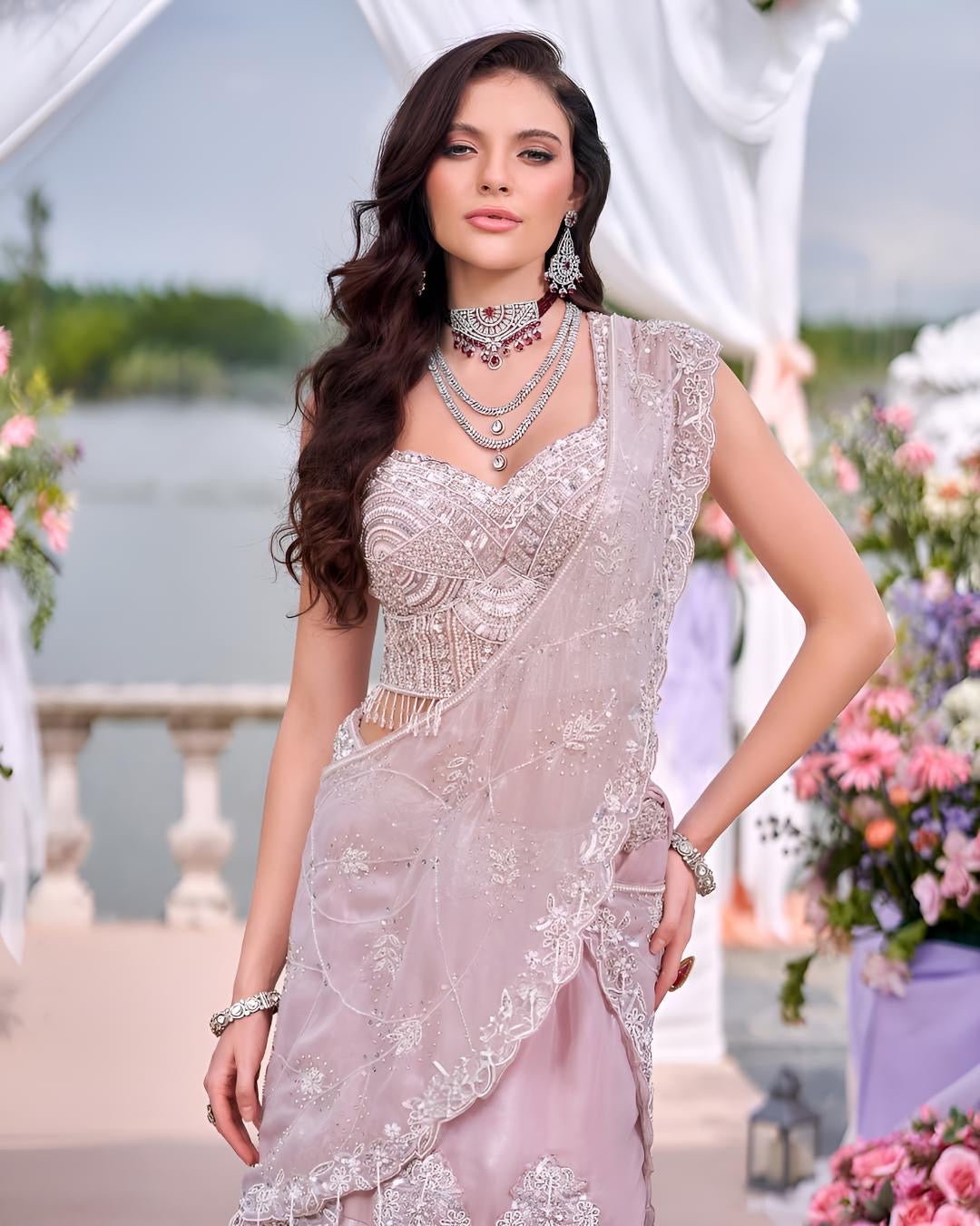 Blush Pearl Embroidered Draped Lehenga Ensemble