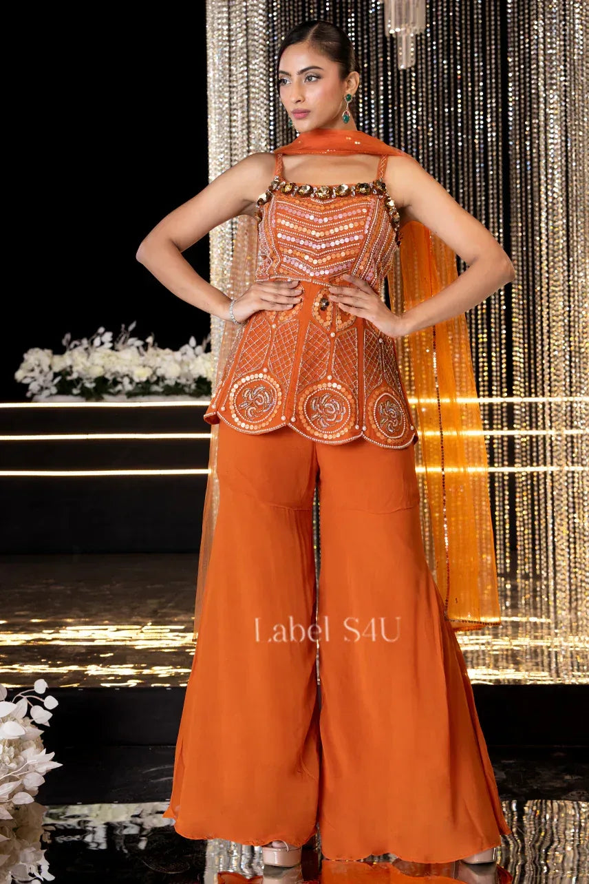 Tangerine Mirror Embellished Peplum Palazzo Set - MishUUU