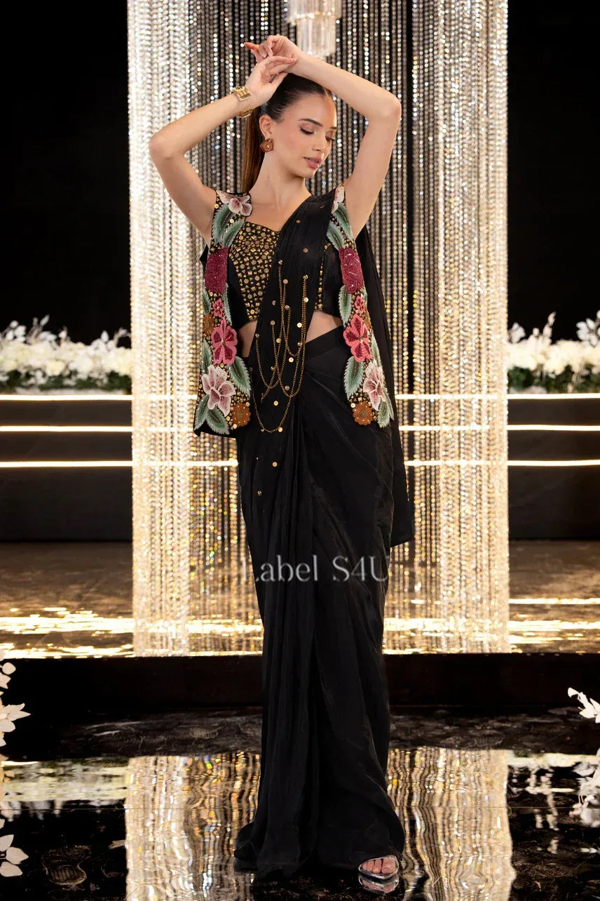 Noir Floral Jacket Saree Set - MishUUU