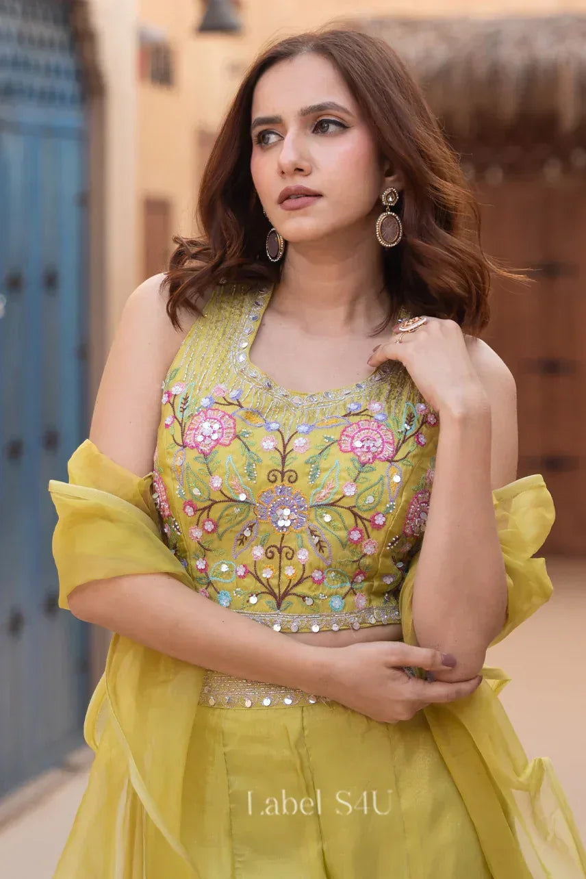 Lime Floral Mirror Embroidered Palazzo Set - MishUUU