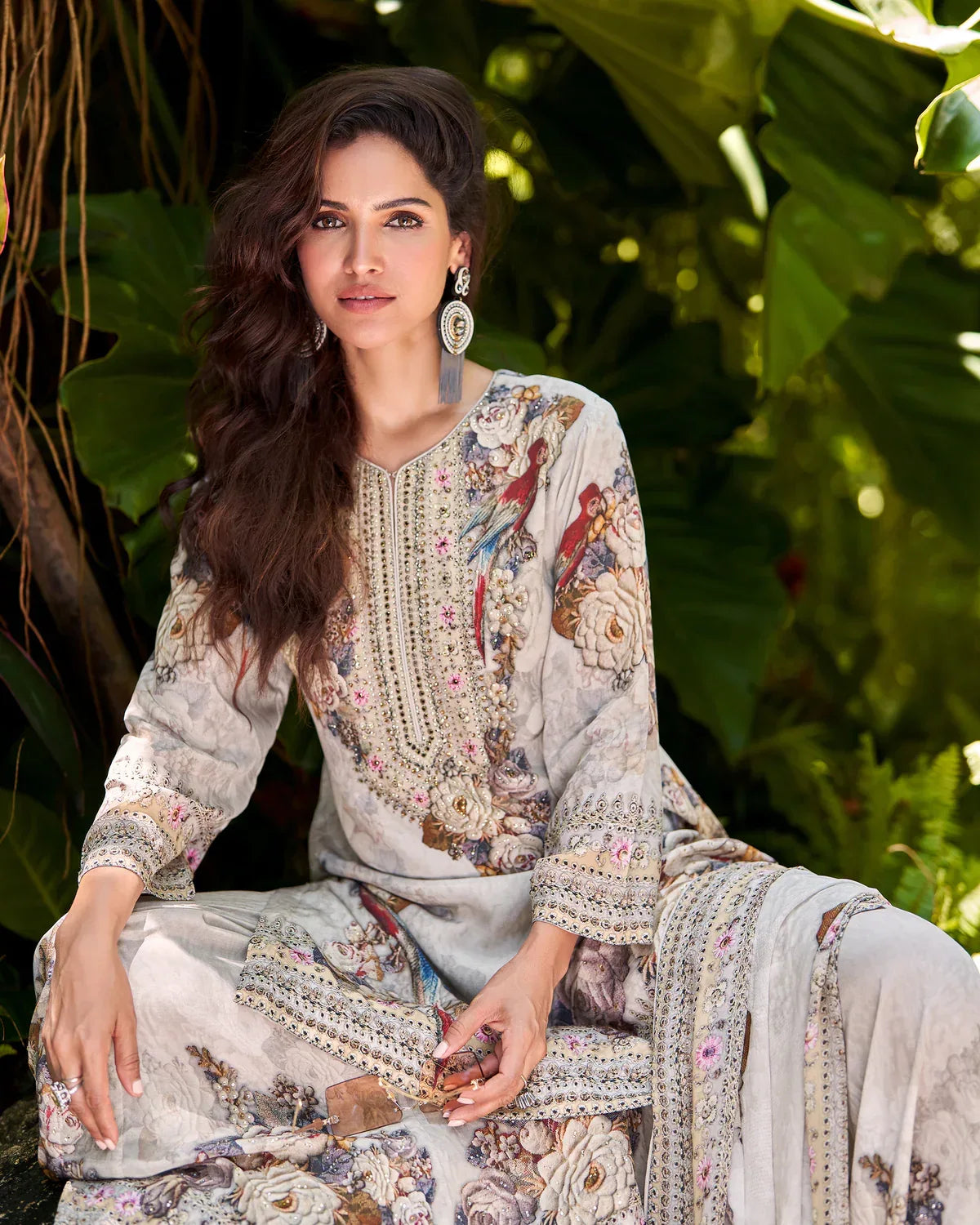 Grey Floral Printed Kurta Palazzo Set - MishUUU