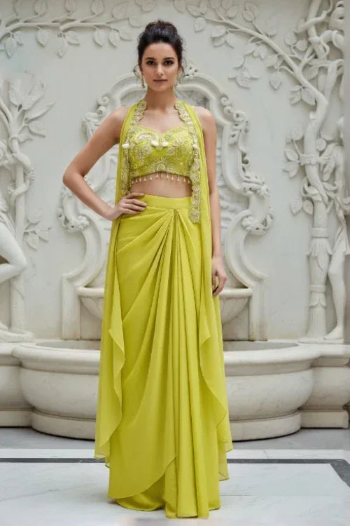 Lime Embroidered Draped Skirt Set - MishUUU