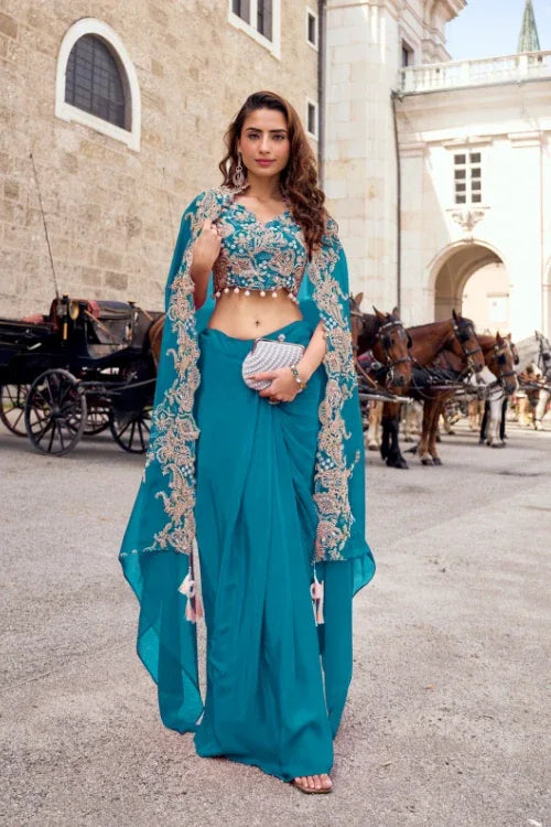 Teal Embroidered Cape draped skirt Set - MishUUU