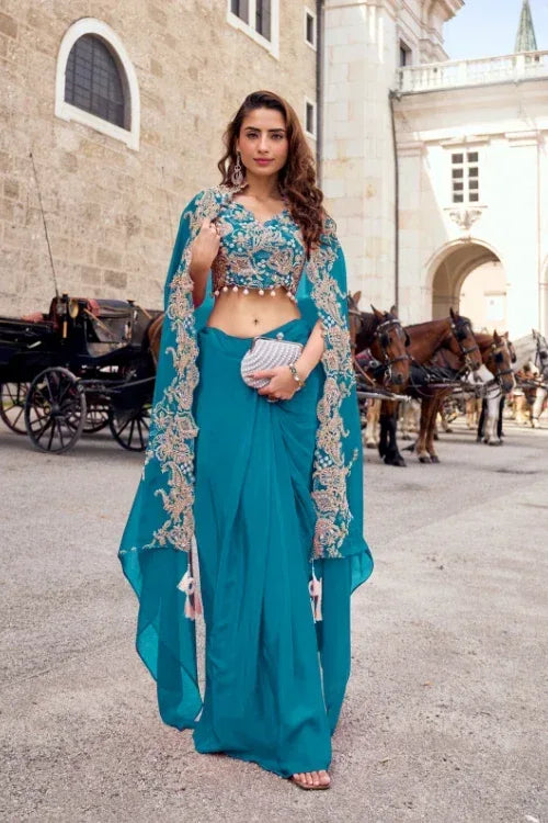 Teal Embroidered Cape draped skirt Set - MishUUU