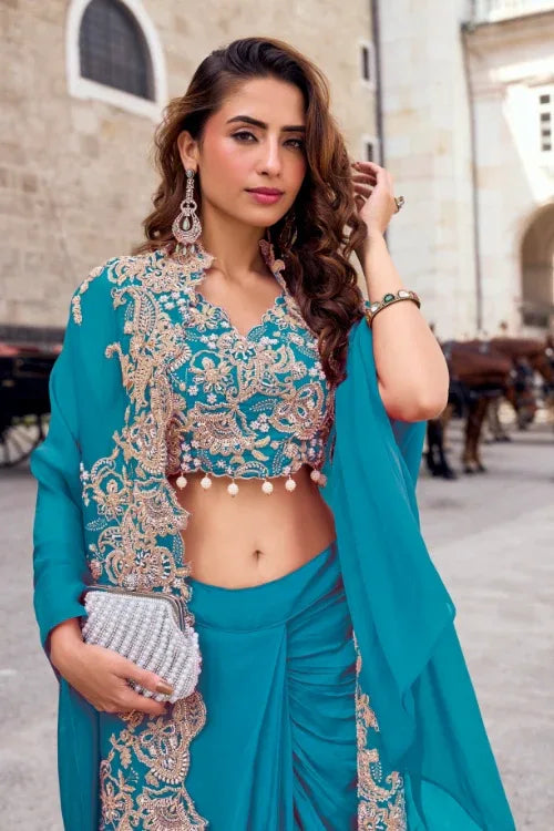 Teal Embroidered Cape draped skirt Set - MishUUU