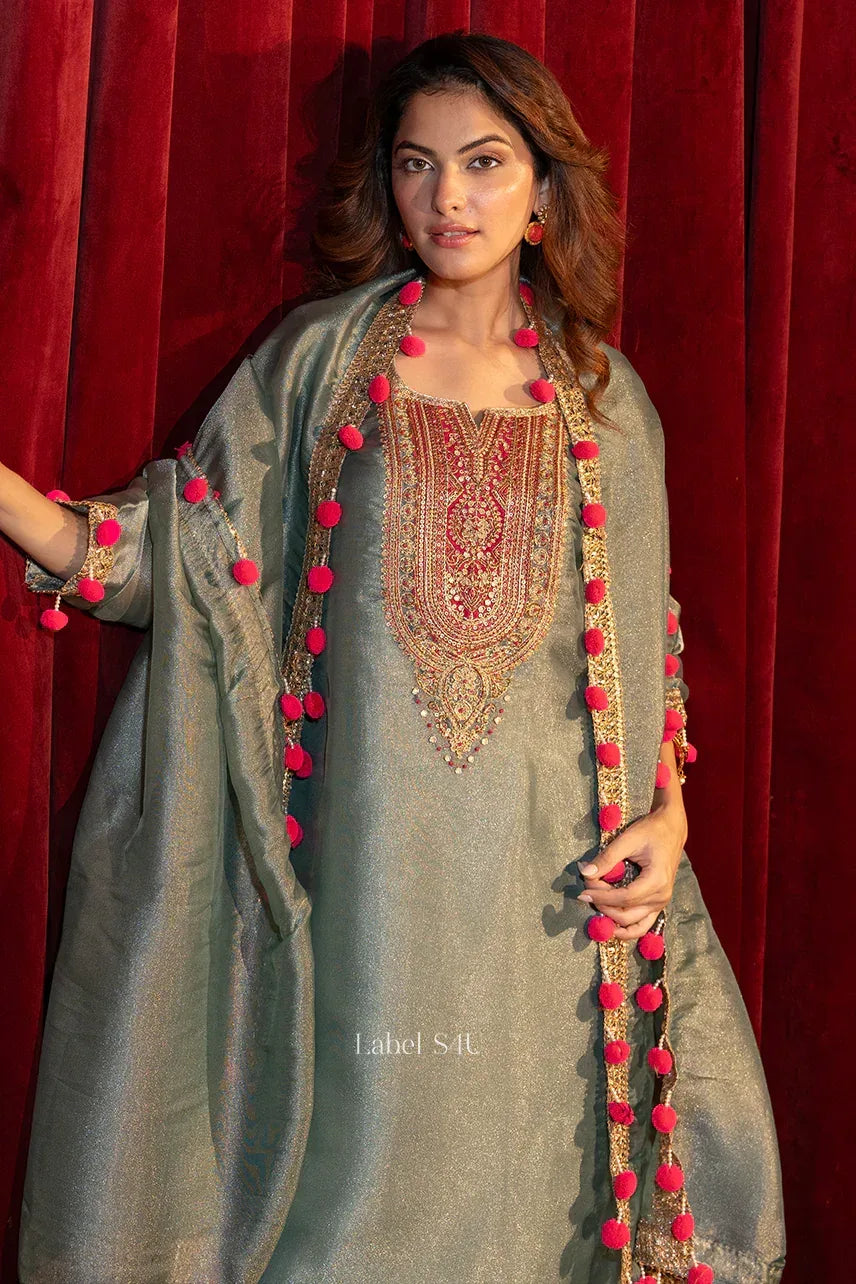 Olive Shimmer Embroidered Kurta Pant Set - MishUUU