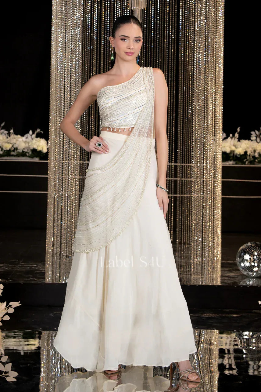 Ivory Shimmer Saree Style Palazzo Set - MishUUU