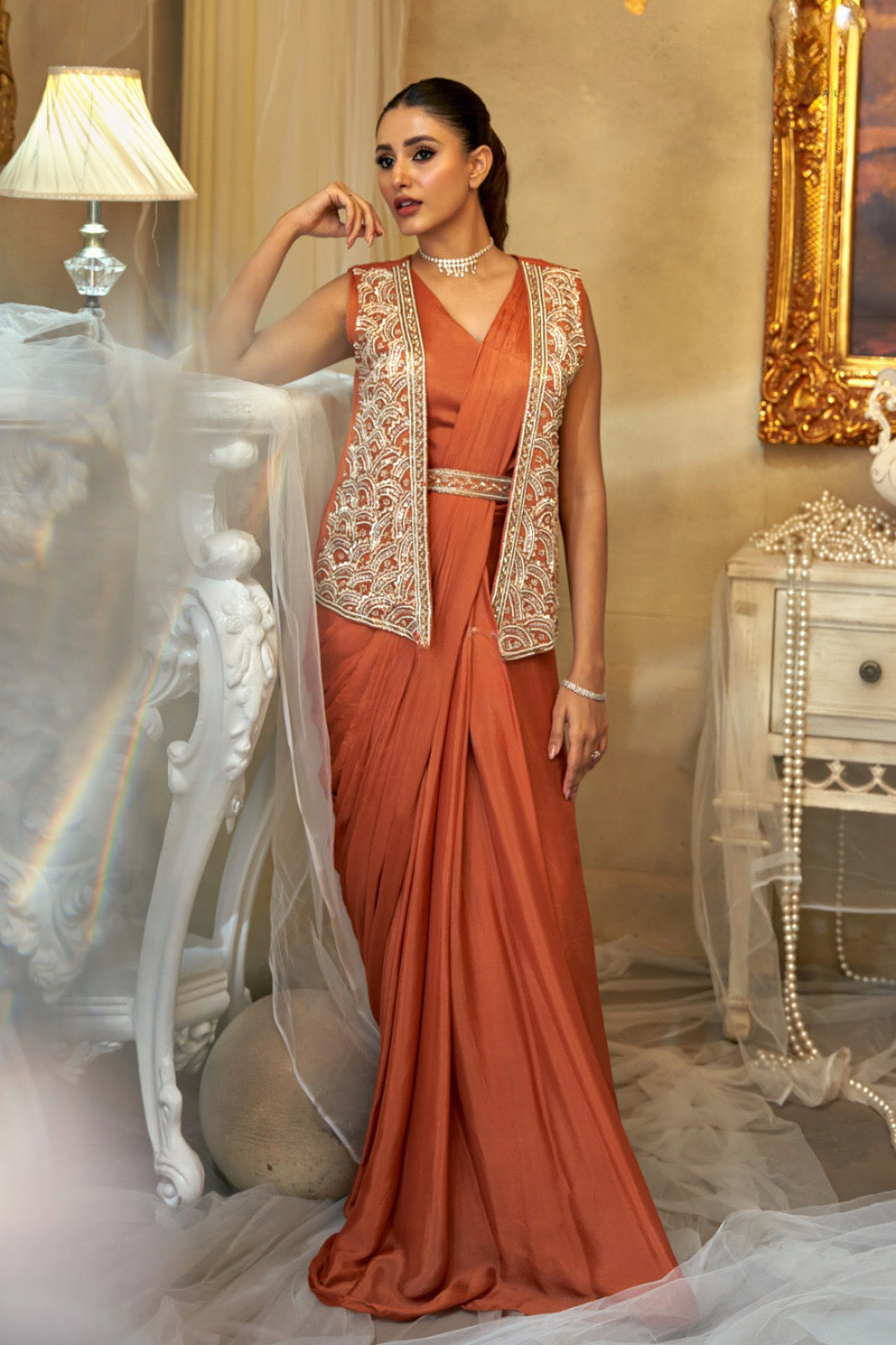 Elegant Rust Draped Saree |Label S4U