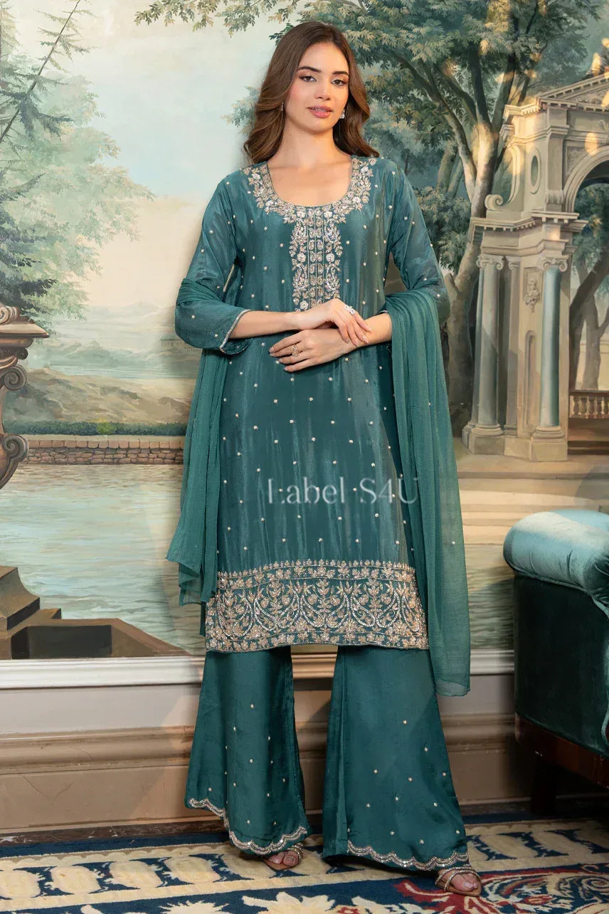 Teal Embroidered Kurta Palazzo Set - MishUUU