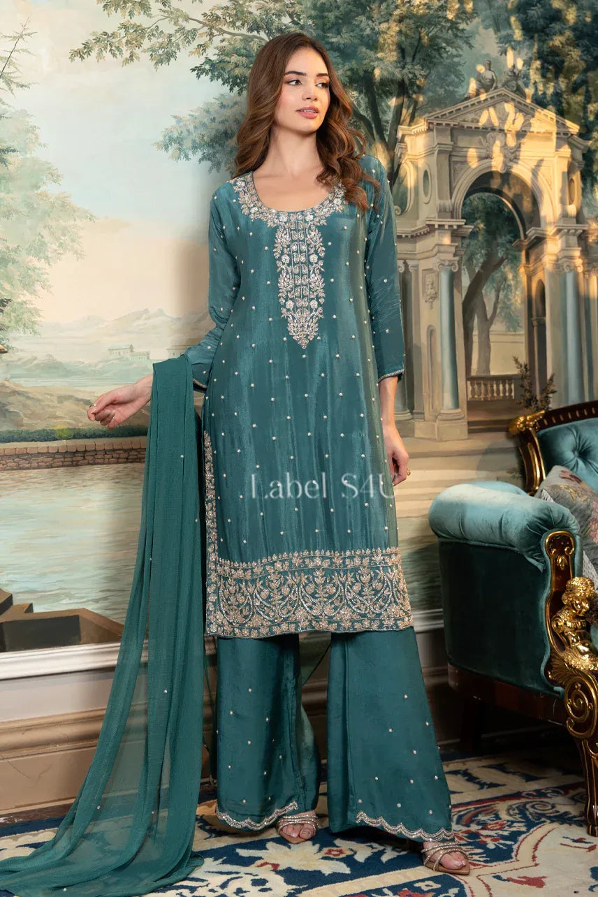 Teal Embroidered Kurta Palazzo Set - MishUUU