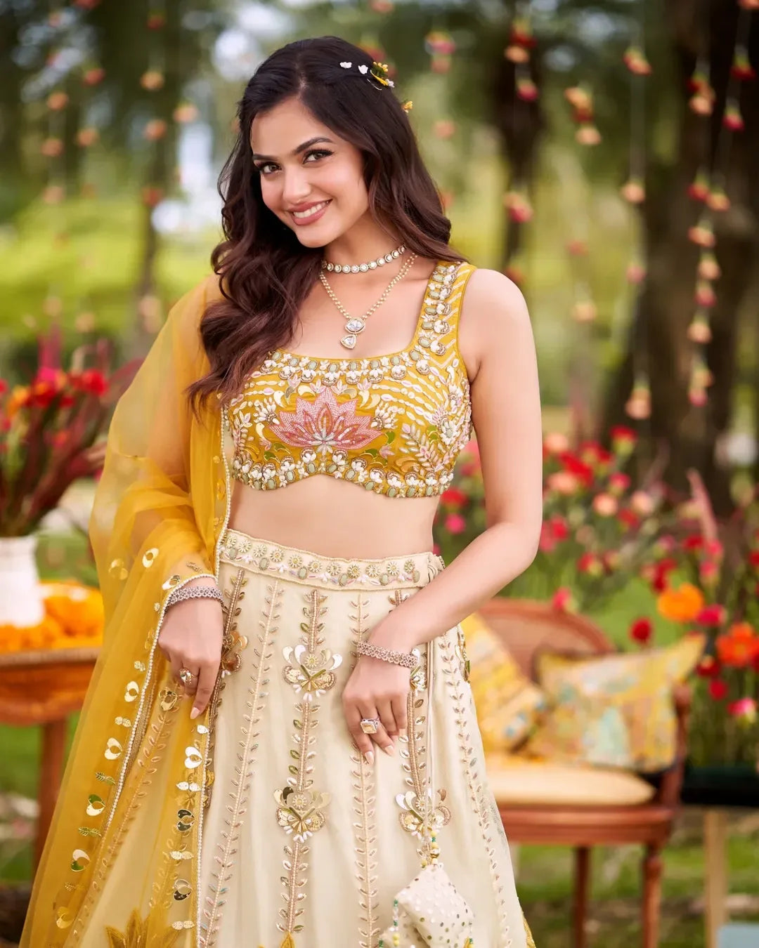 Mustard Floral Lehenga Choli Set - MishUUU