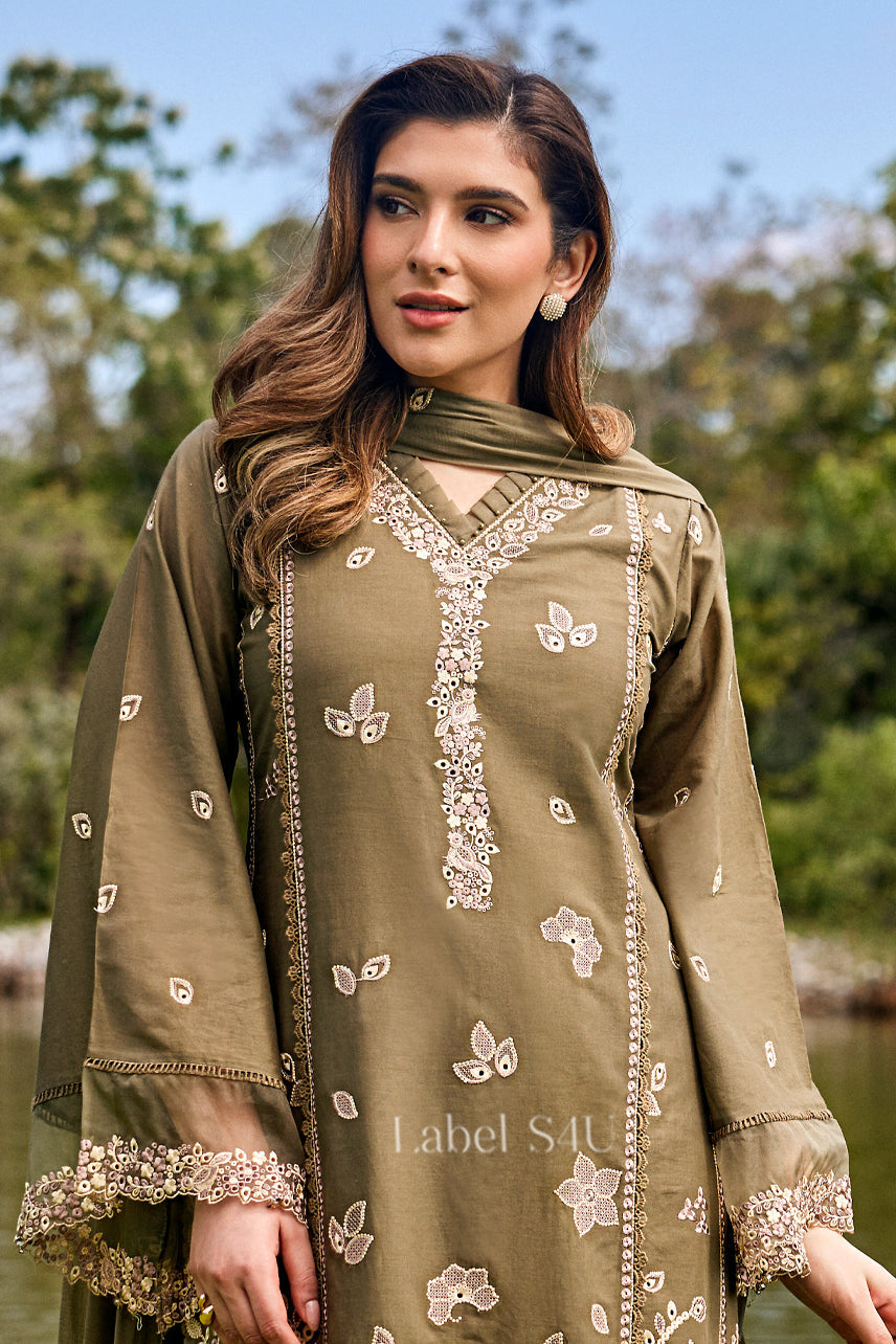Olive Floral Embroidered Evening Set