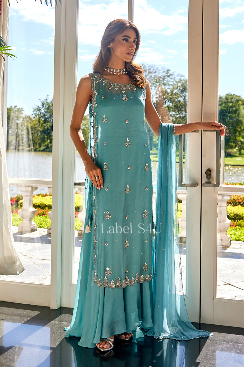Aqua Blue Beaded Couture Ensemble