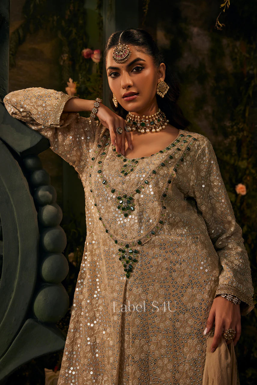 Champagne Emerald Sequin Anarkali Ensemble