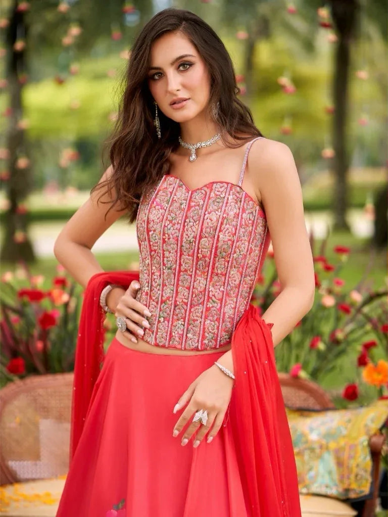 Coral Floral Corset Lehenga Set - MishUUU