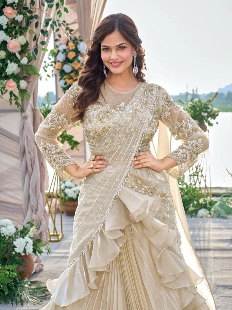 Champagne Gold Ruffled Saree Lehenga Set - MishUUU