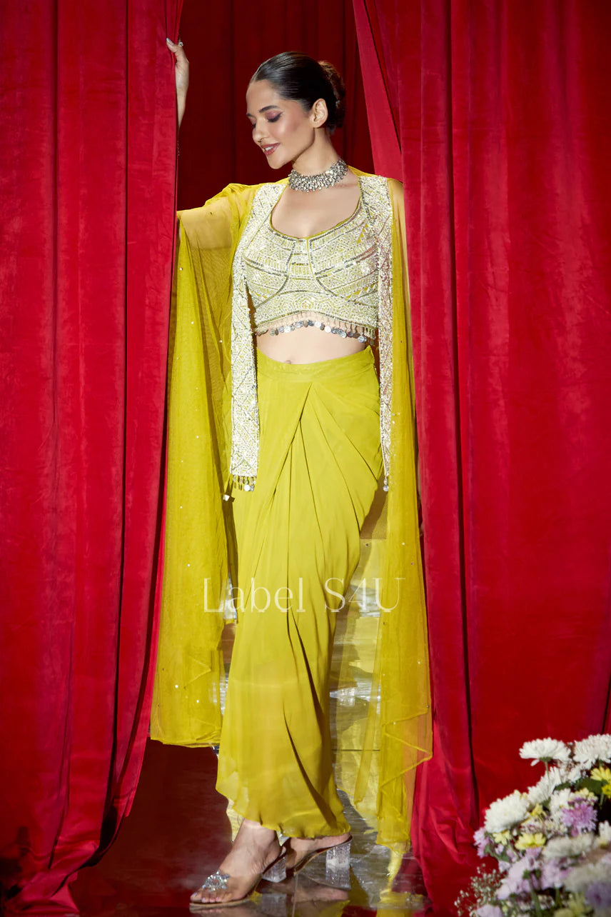 Mustard Drape Skirt & Cape Blouse Set – Festive Ethnic Wear |Label S4U