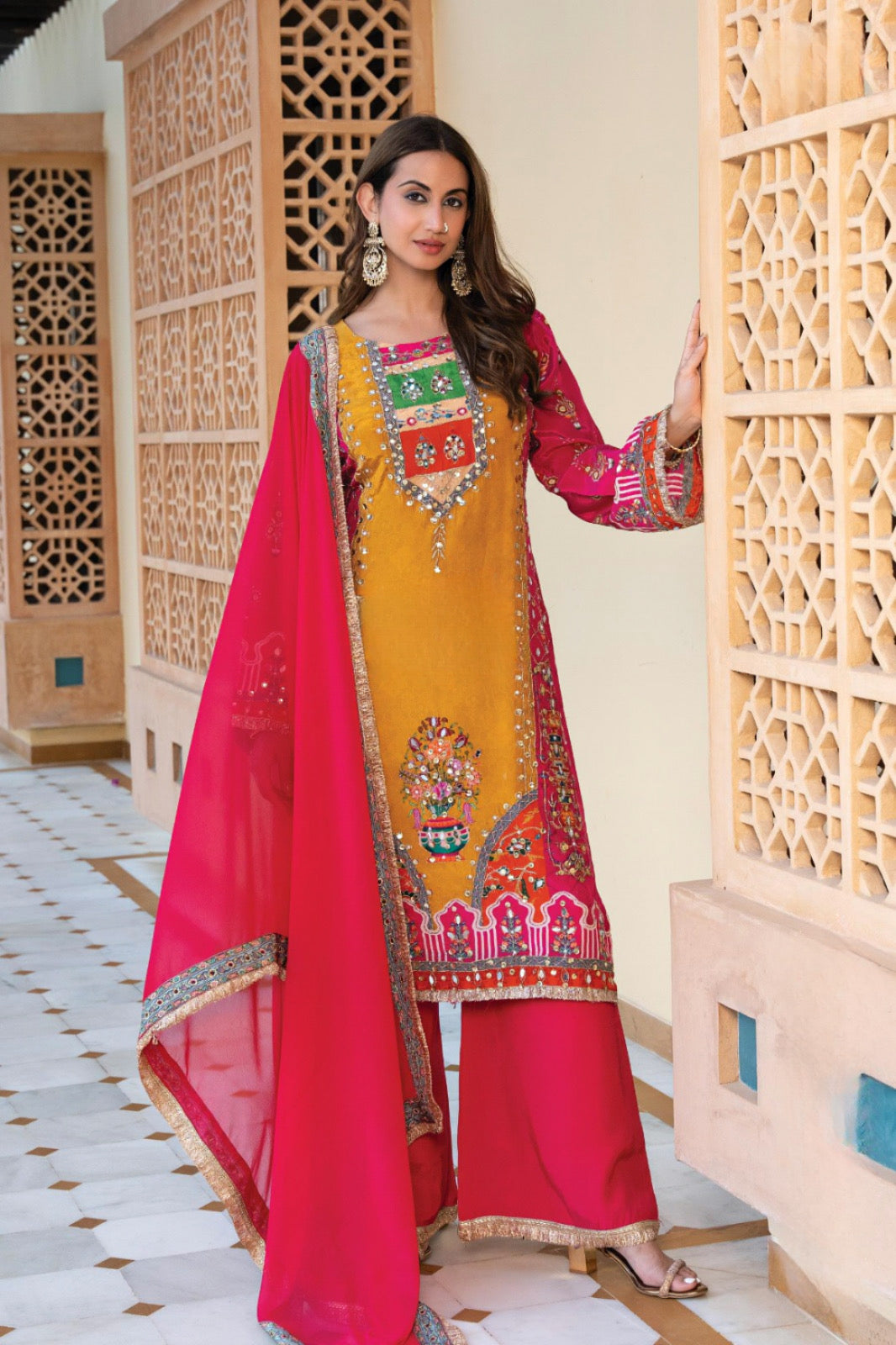 Mustard & Rani Pink Heritage Suit Festive Set |Label S4U
