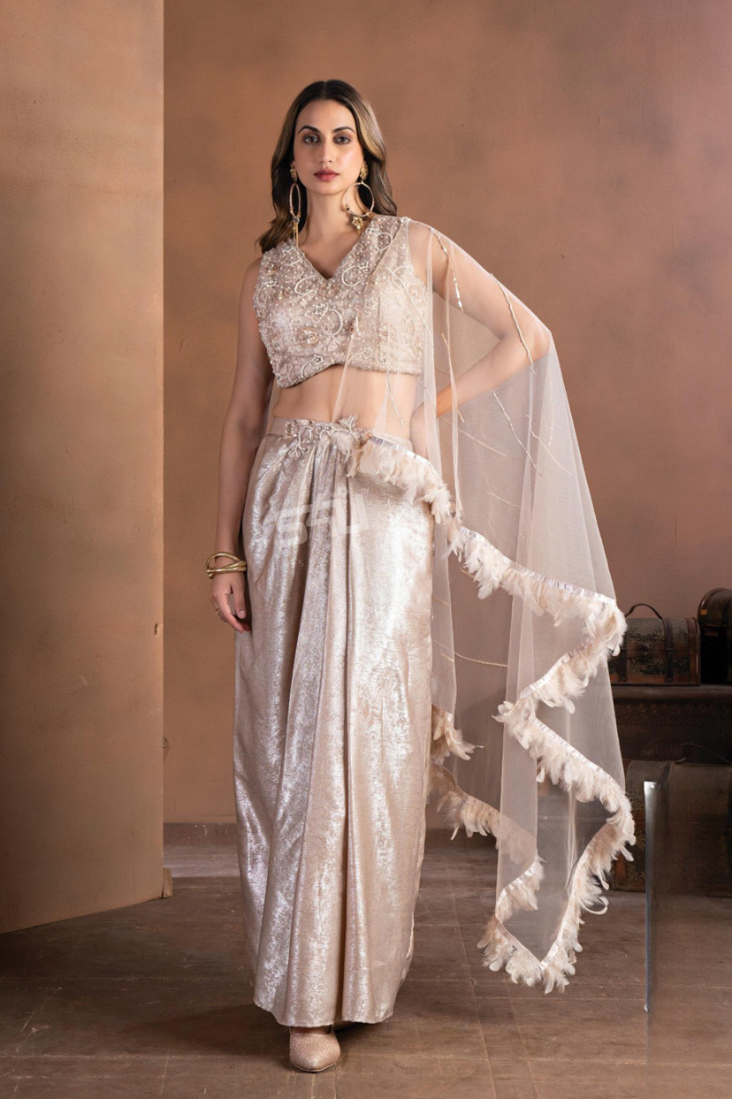 Champagne Gold Draped Skirt Set – Luxe Cocktail & Wedding Wear |Label S4U