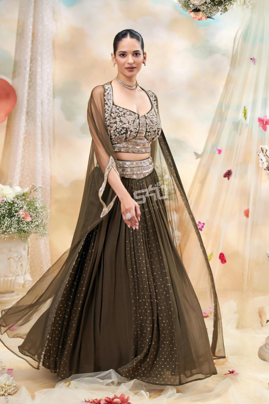 Olive Bronze Net Lehenga Set – Sequin Bustier & Sheer Dupatta |Label S4U