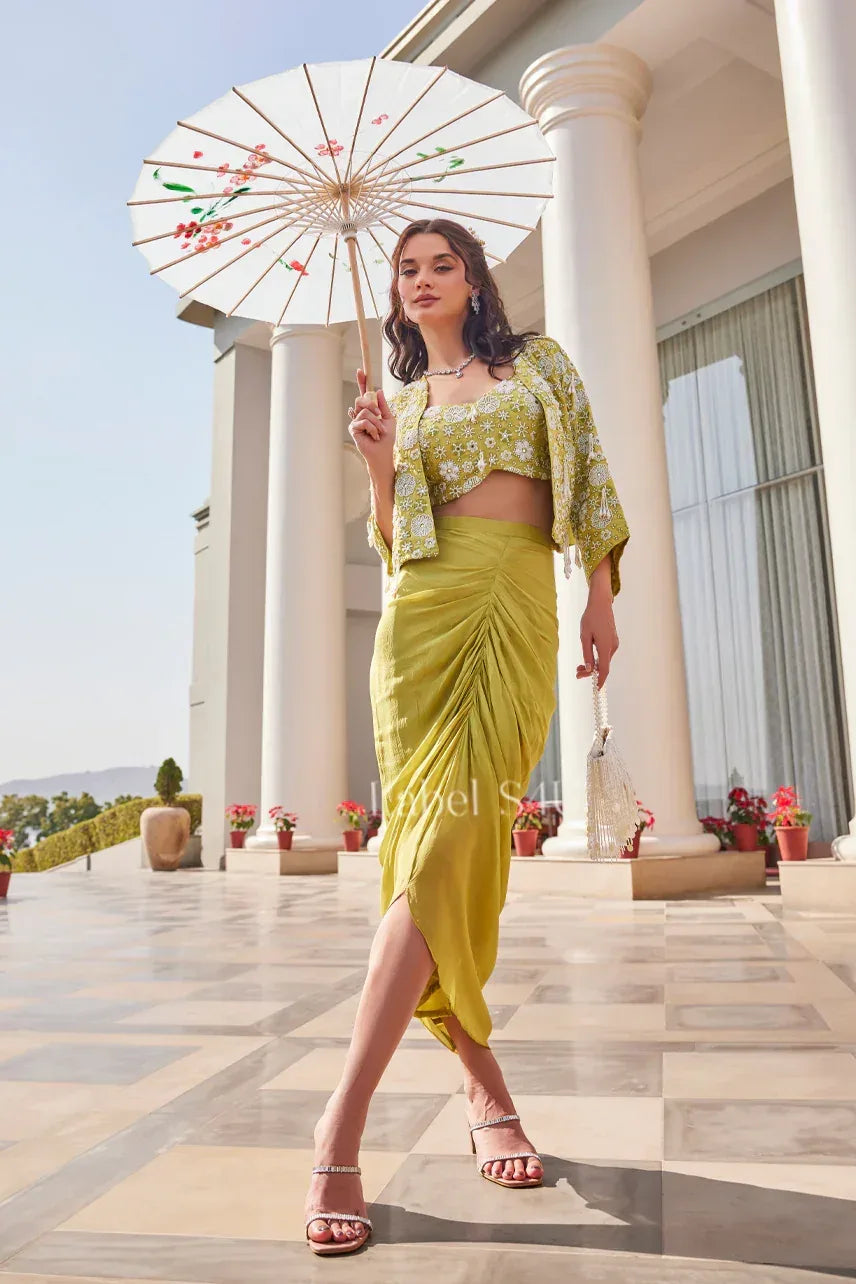 Chartreuse Drape Skirt Set with Embroidered Cape |Label S4U - MishUUU