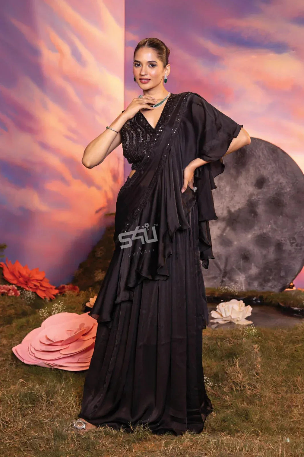 Midnight Black Ruffle Saree Set – Pre-Stitched & Sequined Blouse |Label S4U - MishUUU