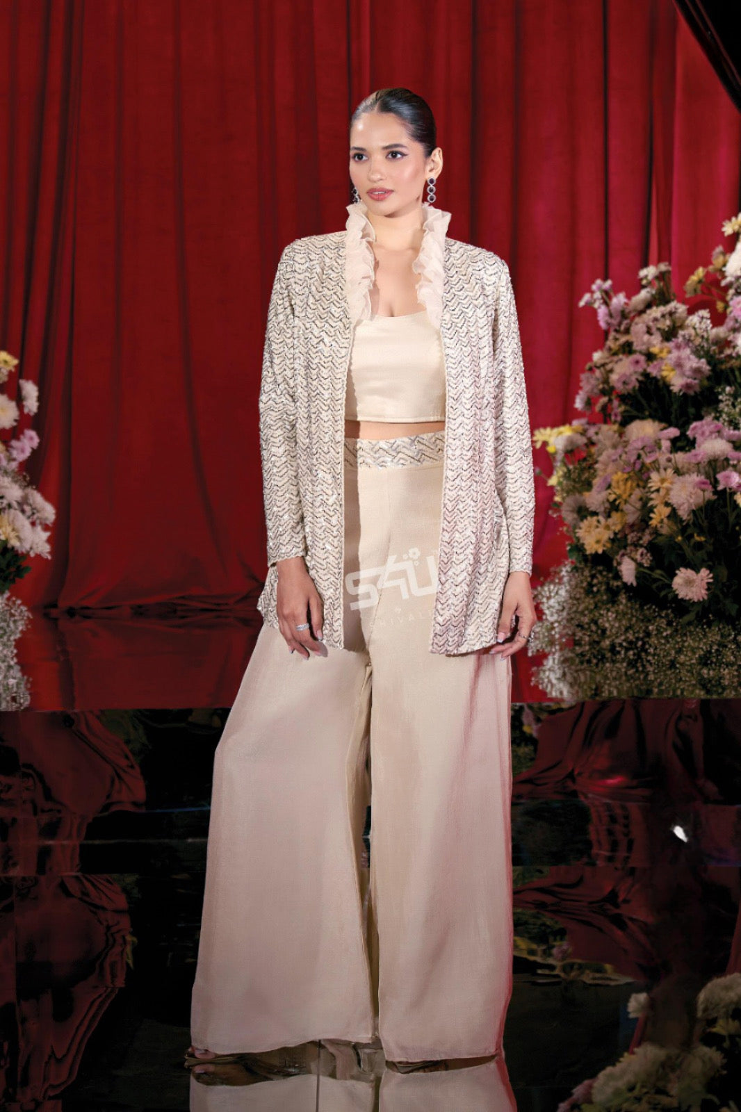 Champagne Beige Palazzo Co-Ord Set – Embellished Jacket Look |Label S4U