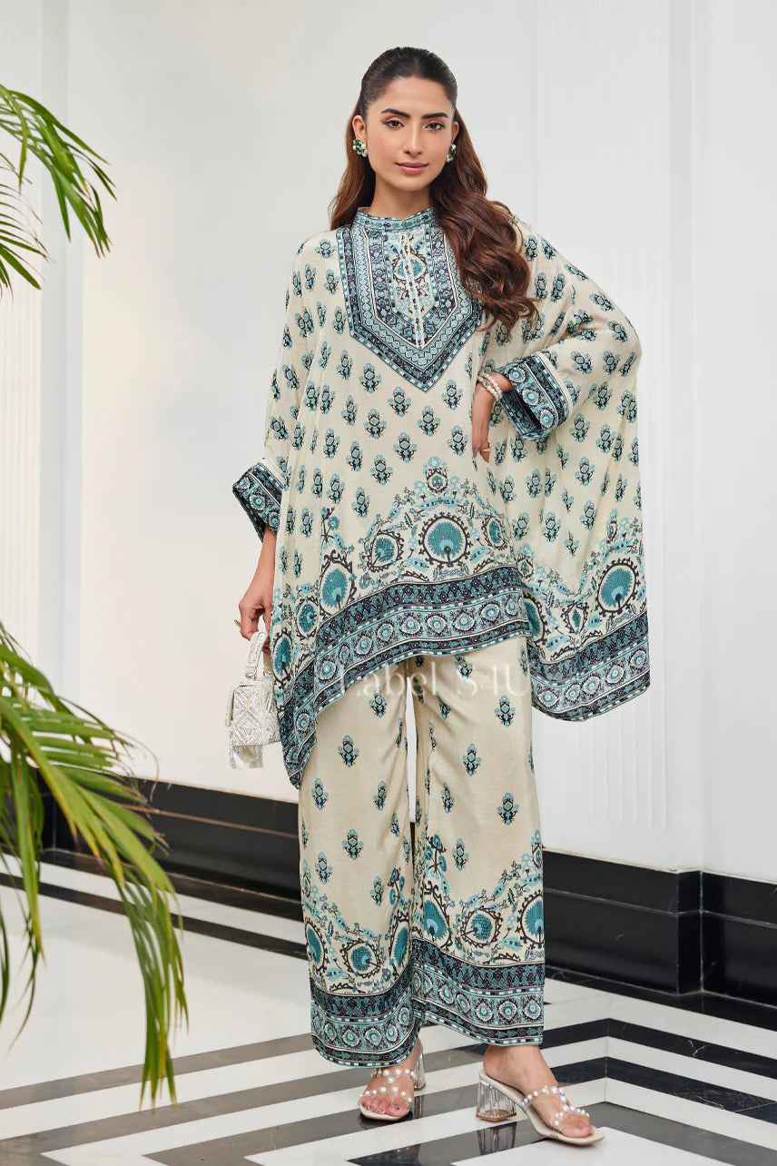 Ethereal Cream & Teal Printed Kaftan Style Kurta Set |Label S4U