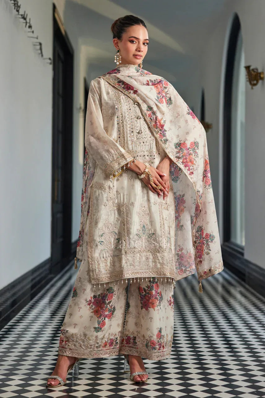 Ivory Floral Embroidered Straight Kurta Palazzo Dupatta Set |Label S4U - MishUUU