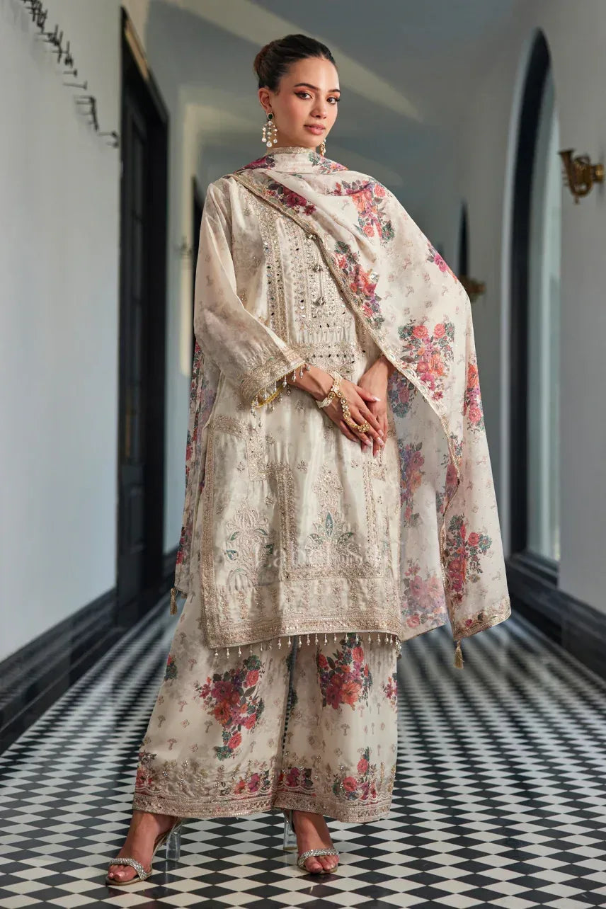 Ivory Floral Embroidered Straight Kurta Palazzo Dupatta Set |Label S4U - MishUUU