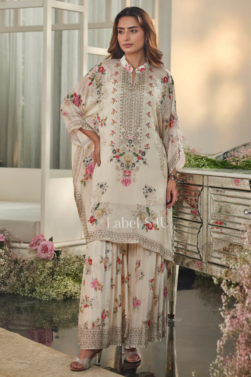 Cream Floral Print Kaftan Sharara Set with Embellished Yoke |Label S4U