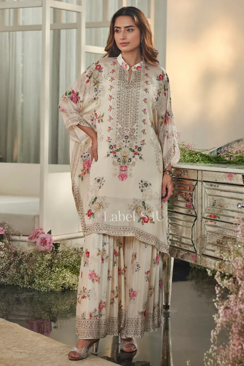 Cream Floral Print Kaftan Sharara Set with Embellished Yoke |Label S4U - MishUUU