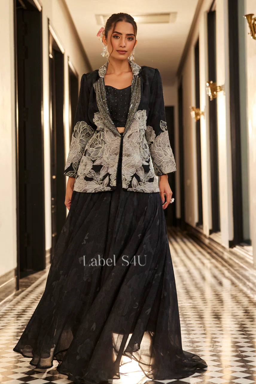Noir Black Embroidered Jacket Lehenga Set |Label S4U